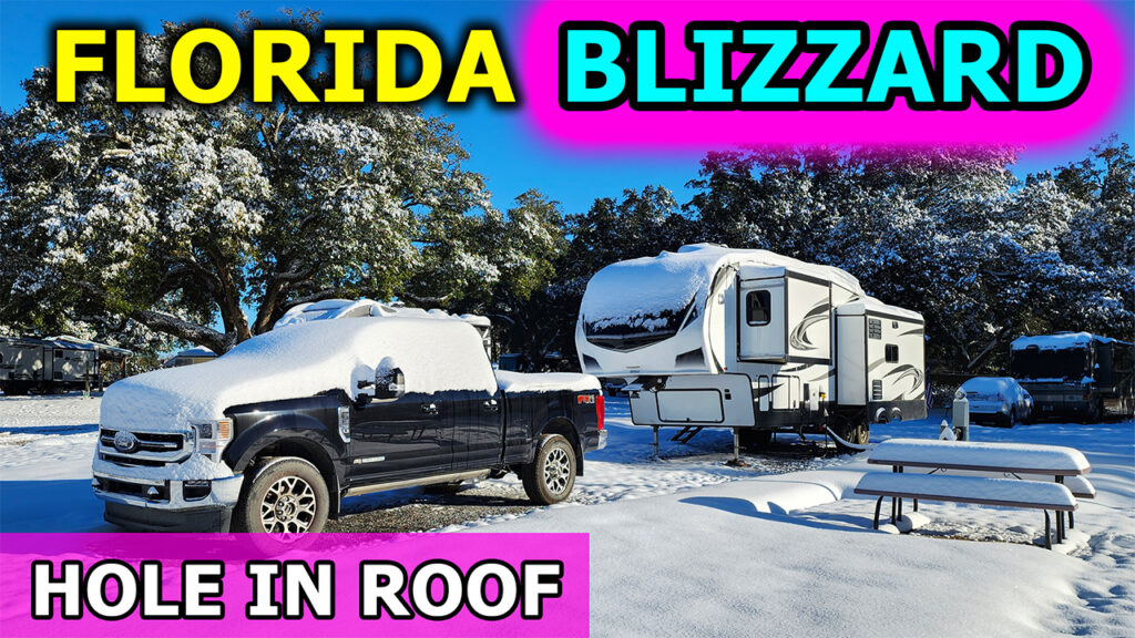 Broken Dreams Reborn full time RV life travel life couple RVing in a blizzard in Florida with a hole in the roof of the RV